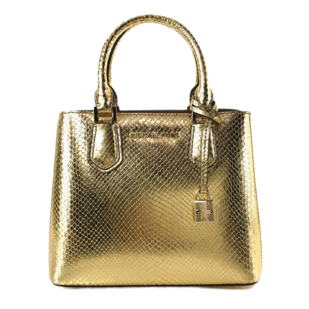 Michael Kors Adele Embossed Leather Gold MD Messenger Crossbody Bag - Picture 1 of 8
